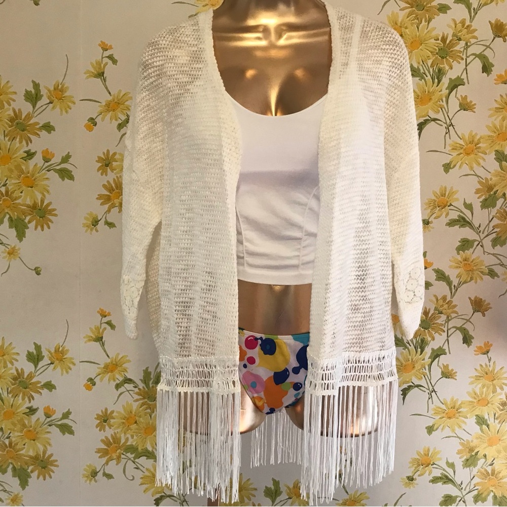Drop shoulders fringe trim Sheer Knit Open Front Kimono size M